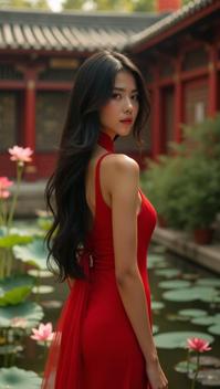olive theme, Create a captivating portrait of a sexy Asian woman with long, silky black hair, almond shaped eyes