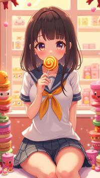 amber theme, Generate a playful and sexy illustration of an Asian girl in a schoolgirl uniform, holding an oversized lollipop and sitting in a colorful, whimsical candy store Surround her with towering stacks of sweets and animated candy characters for a fun