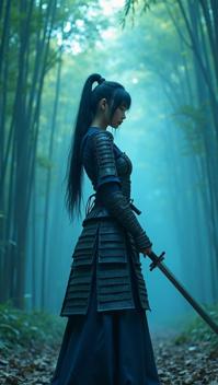 cerulean theme, Produce a striking image of a sexy Asian girl as a powerful warrior, donning intricate samurai armor and wielding a katana Place her in a serene, misty bamboo forest with dappled sunlight filtering through the dense canopy above