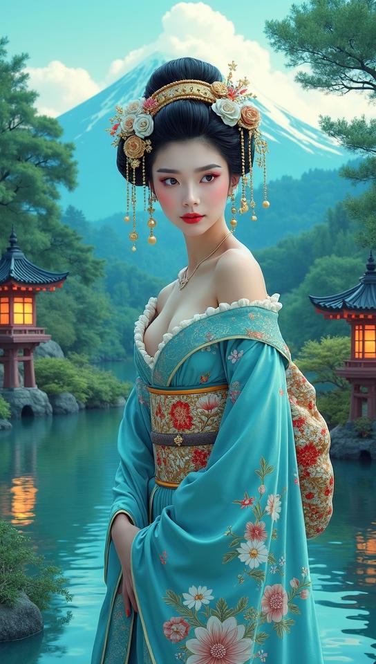 turquoise theme, Create a enchanting and sexy depiction of an Asian girl as a mythical geisha, adorned with elaborate makeup, hair ornaments