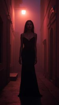 misty rose theme, Create a striking portrait of a confident woman in a elegant black dress, standing in a dramatic, shadowy alleyway beneath a single