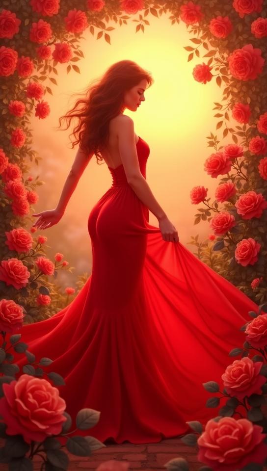 peach theme, Illustrate a sultry woman in a vibrant, flowing red gown, dancing passionately in a lush