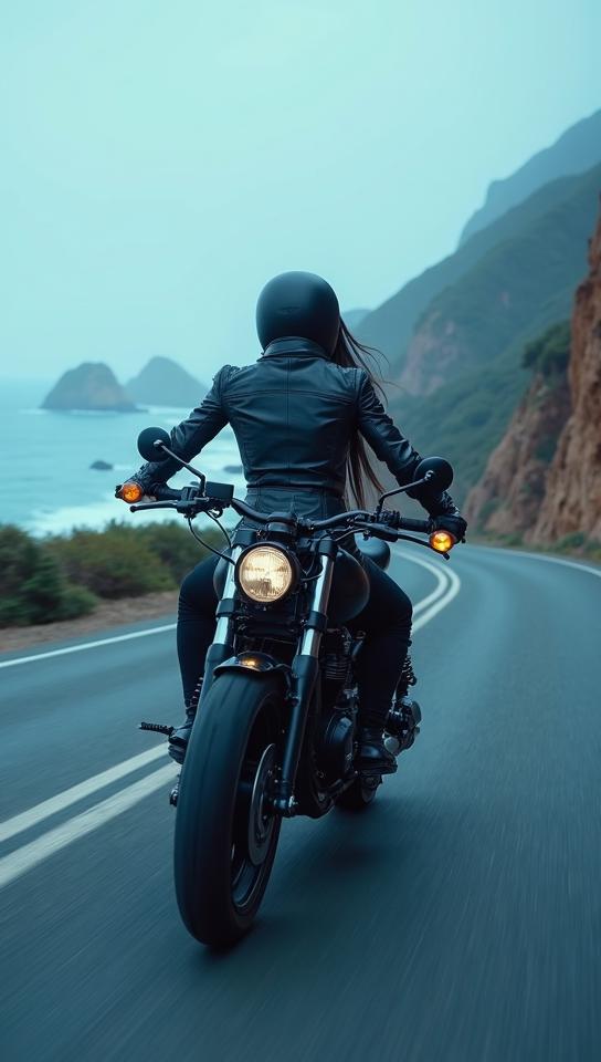 bondi blue theme, Generate an image of a mysterious woman in a fitted, leather jacket and sleek black pants, riding a powerful motorcycle at high speed down a winding