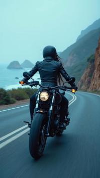 bondi blue theme, Generate an image of a mysterious woman in a fitted, leather jacket and sleek black pants, riding a powerful motorcycle at high speed down a winding