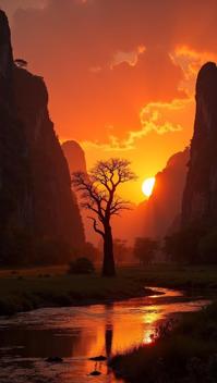 brown theme, A lone baobab tree at sunset in the midst of the towering limestone formations of Tsingy de Bemaraha National Park, with the vivid colors of the setting sun reflected on the nearby Manambolo River