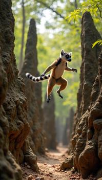 rust theme, A close up of a ring tailed lemur leaping between the sharp pinnacles of the Tsingy de Bemaraha s stone forest, with the dense canopy of the mangrove forest below