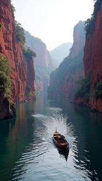 magenta theme, The grandeur of the Manambolo River gorge, where the river cuts through the towering tsingy, complete with lush vegetation clinging to the cliff faces and a traditional pirogue gliding along the water