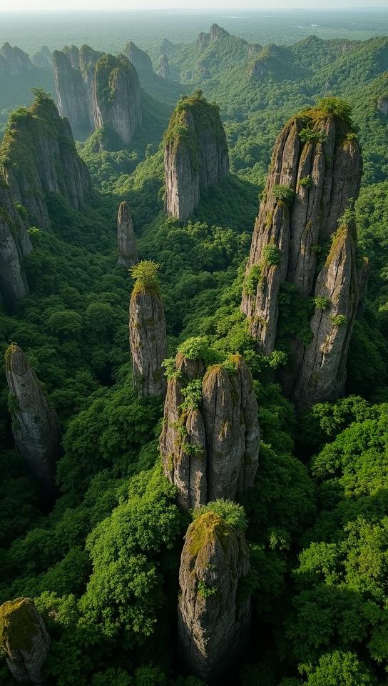 office green theme, A bird s eye view of the Tsingy de Bemaraha s stone forest, showcasing the stark contrast between the jagged limestone formations and the lush, green vegetation that surrounds them