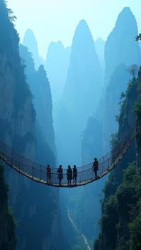 prussian blue theme, A group of intrepid explorers traversing the hanging bridge suspended high above the Tsingy de Bemaraha s unique landscape, with the dramatic backdrop of the park s towering limestone pinnacles