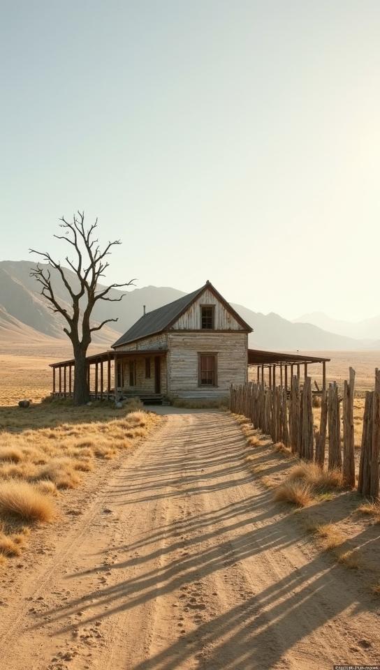 olive theme, A abandoned, weathered estancia ranch sits amidst the desolate Patagonian Desert, with the remnants of a rustic fence stretching towards the horizon A lone