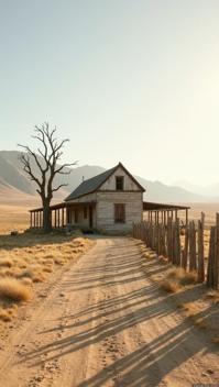 olive theme, A abandoned, weathered estancia ranch sits amidst the desolate Patagonian Desert, with the remnants of a rustic fence stretching towards the horizon A lone