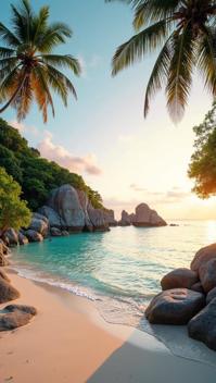 papaya whip theme, A serene view of Anse Source d Argent beach in Seychelles at sunset, with its iconic granite boulders and crystal clear turquoise waters, palm trees gently swaying in the breeze