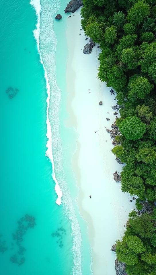 celadon theme, A top down drone view of the secluded Anse Marron beach in Seychelles, surrounded by lush greenery, with waves gently lapping against the white sandy shore