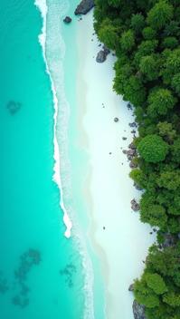 celadon theme, A top down drone view of the secluded Anse Marron beach in Seychelles, surrounded by lush greenery, with waves gently lapping against the white sandy shore