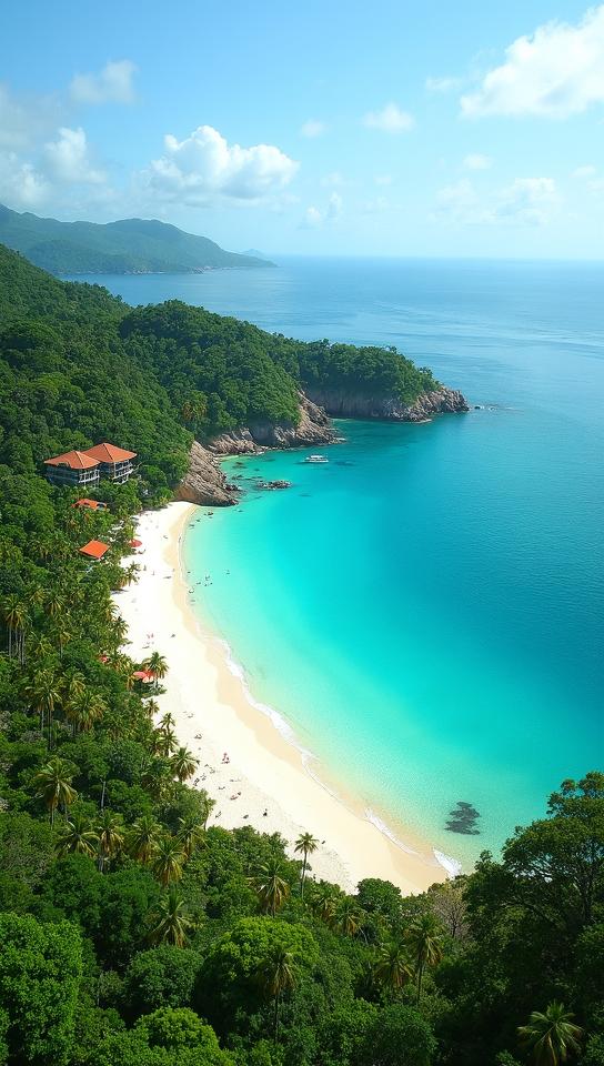 tomato theme, A picturesque view of the horseshoe shaped Petite Anse beach in Seychelles, with its luxurious Four Seasons resort nestled among the tropical foliage, and the calm waters of the Indian Ocean stretching out towards the horizon