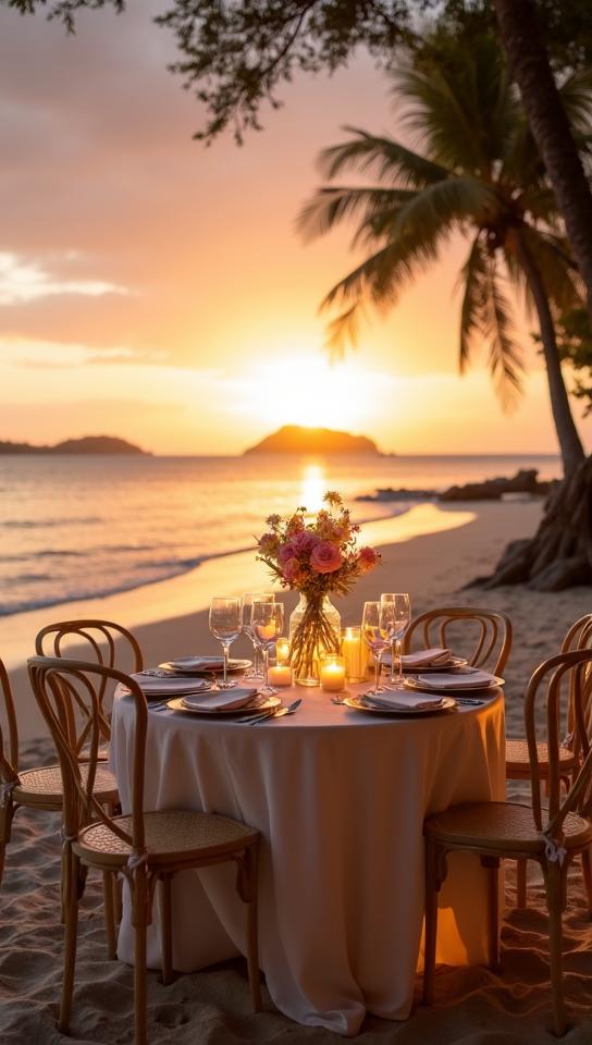 dandelion theme, A romantic beach dinner setup at Anse Georgette beach in Seychelles, with a table for two decorated with flowers and candles, the sun setting in the background