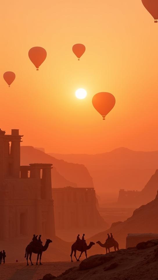 peach theme, A panoramic vista of Egypt s Valley of the Kings at sunset, with hot air balloons floating above the ancient tombs, and silhouettes of camels and tourists in the foreground