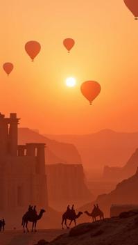 peach theme, A panoramic vista of Egypt s Valley of the Kings at sunset, with hot air balloons floating above the ancient tombs, and silhouettes of camels and tourists in the foreground