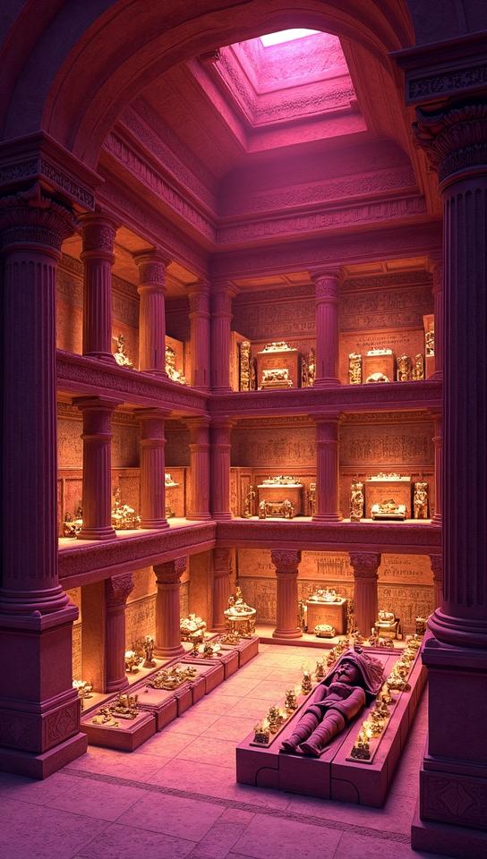 magenta theme, A detailed cutaway illustration of Tutankhamun s tomb KV in the Valley of the Kings, showcasing the burial chambers, sarcophagus