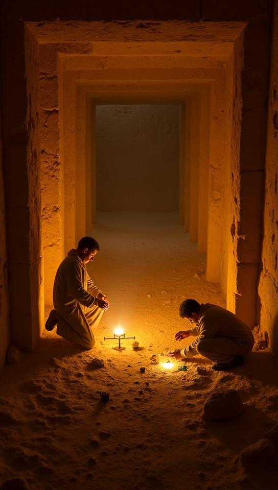corn theme, A dramatic scene of Howard Carter s discovery of Tutankhamun s tomb in , with workers carefully unearthing artifacts under the glow of lanterns, surrounded by the desert landscape