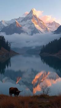 wheat theme, A breathtaking landscape of Nepal s Annapurna range at sunrise, reflecting perfectly in the still waters of a serene alpine lake, with a lone yak grazing in the foreground