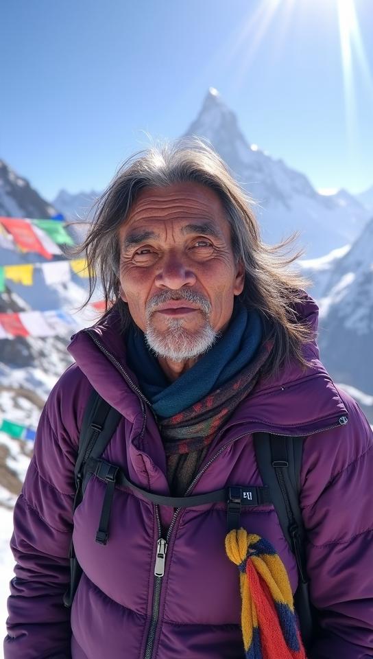 han purple theme, An intimate portrait of a weathered Nepali Sherpa, standing at the colorful prayer flag covered summit of Annapurna I, with magnificent views of the surrounding Himalayan peaks