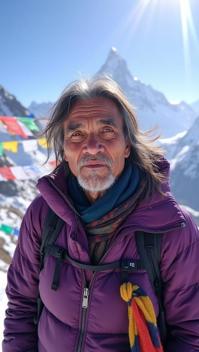 han purple theme, An intimate portrait of a weathered Nepali Sherpa, standing at the colorful prayer flag covered summit of Annapurna I, with magnificent views of the surrounding Himalayan peaks