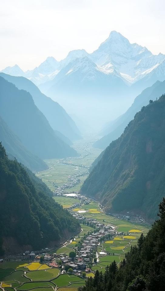 misty rose theme, A bird s eye view of the Annapurna Circuit trekking route, winding through lush green valleys, terraced rice fields