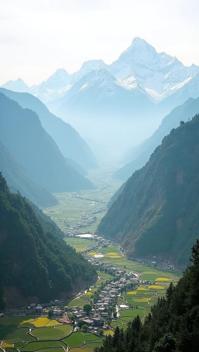 misty rose theme, A bird s eye view of the Annapurna Circuit trekking route, winding through lush green valleys, terraced rice fields