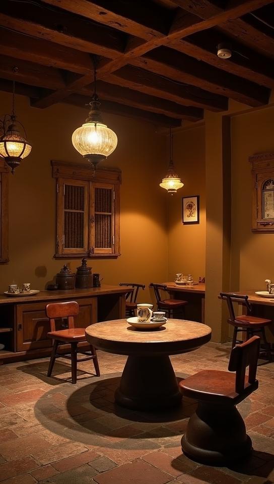 beige theme, A cozy, traditional Nepali tea house nestled in the heart of the Annapurna region, with warm lights glowing from within