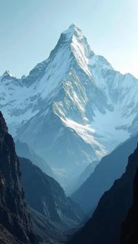 aqua theme, A dramatic black and white photograph of the towering South Face of Annapurna I, capturing the stark contrast between the snow covered peak and the dark, craggy cliffs below