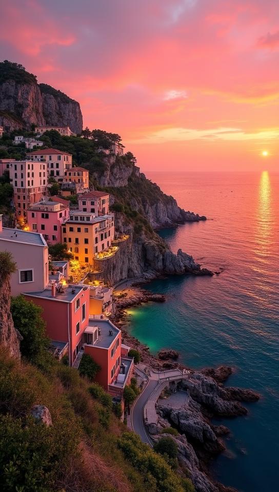 sangria theme, A vibrant sunset over the Amalfi Coast, Italy, with pastel colored buildings tucked into the steep