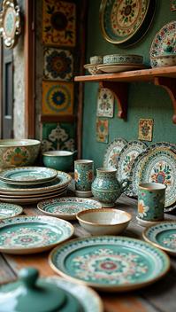 moss green theme, A close up of a traditional Amalfi Coast ceramic shop, with hand painted plates and tiles in bright, intricate patterns