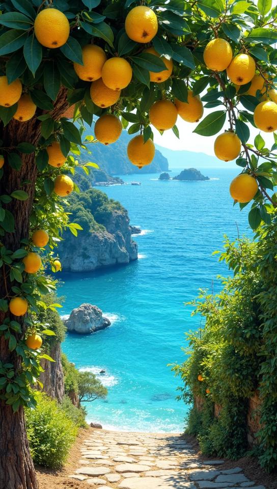 aquamarine theme, A lemon grove in Ravello, Italy, with lush