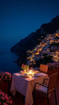 puce theme, A romantic, candlelit dinner for two on a flower covered terrace in Positano, Italy