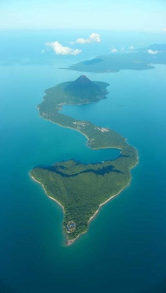 aquamarine theme, A serene aerial view of Isla de Ometepe, Nicaragua, showcasing its stunning hourglass shape formed by two volcanoes