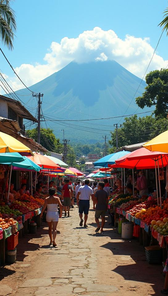 razzmatazz theme, A vibrant market scene in Altagracia, Ometepe, with locals selling colorful fruits