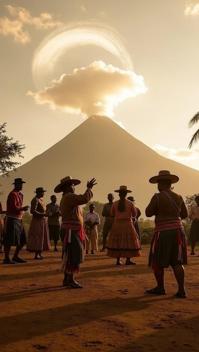 sepia theme, A folkloric dance performance in Santiago de los Caballeros, Ometepe, with locals dressed in traditional vibrant costumes