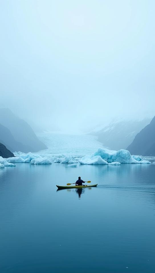 slate grey theme, A lone kayaker navigating the eerie blue waters of Bear Glacier Lagoon in Kenai Fjords, Alaska, with massive icebergs scattered across the calm surface