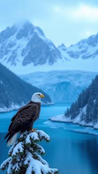 blue theme, A close up of a bald eagle perched on a snow covered spruce tree branch, overlooking the vast, icy landscape of Kenai Fjords National Park