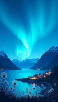 dandelion theme, A time lapse illustration of the Northern Lights dancing above the serene waters of Resurrection Bay, with the silhouette of the Kenai Fjords rugged cliffs and the quaint town of Seward nestled beneath the stars