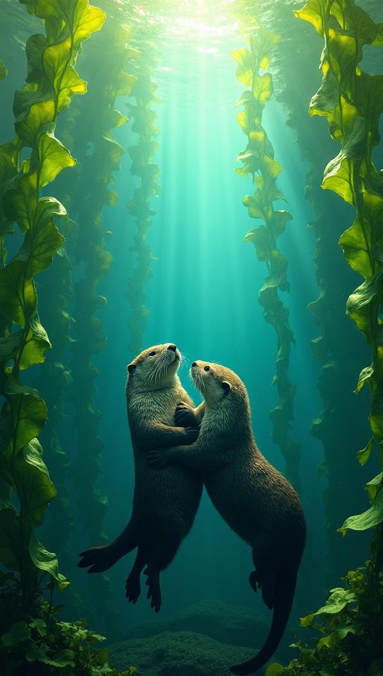 magnolia theme, A group of sea otters playfully interacting among the vibrant, underwater kelp forests of the Kenai Fjords, with sunlight beaming through the shallow