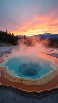 celadon theme, A serene sunset over the Grand Prismatic Spring in Yellowstone, capturing the vivid rainbow colors reflected in the steam, surrounded by lush forests and snow capped mountains in the distance