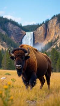 firebrick theme, A close up of a majestic bison standing in a grassy field, with the iconic Yellowstone Grand Canyon and Lower Falls cascading in the background, under a clear blue sky