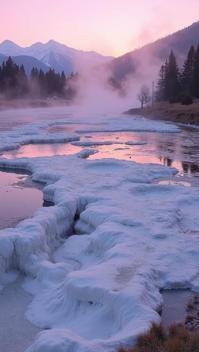 eggplant theme, The eerie beauty of Mammoth Hot Springs travertine terraces at dawn, with steam rising from the chalk white formations, framed by the historic Fort Yellowstone and the picturesque Gibbon River