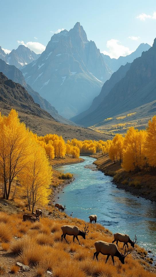 viridian theme, A panoramic view of the Lamar Valley in autumn, showcasing the golden hued aspens and the winding Lamar River, with a herd of elk grazing in the foreground and the rugged Absaroka Mountains looming in the distance