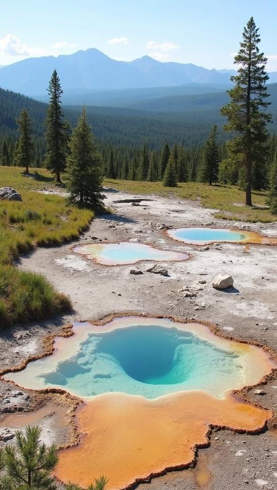 linen theme, The enchanting sight of the Paint Pots at the Artist s Paintpots trail, with bubbling mud pots and multi colored hot springs, set against the backdrop of a lush green landscape and the distant peaks of Yellowstone s caldera