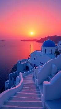 azure theme, A vivid sunset in Santorini, with blue domed churches silhouetted against the orange red sky, and winding staircases leading to the Aegean Sea
