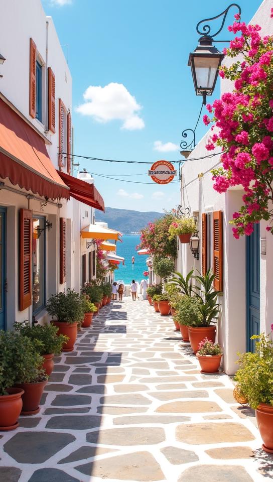 terra cotta theme, A bustling Santorini streetscape, featuring whitewashed buildings, colorful bougainvillea