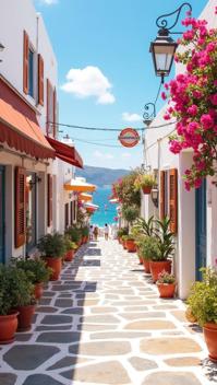 terra cotta theme, A bustling Santorini streetscape, featuring whitewashed buildings, colorful bougainvillea
